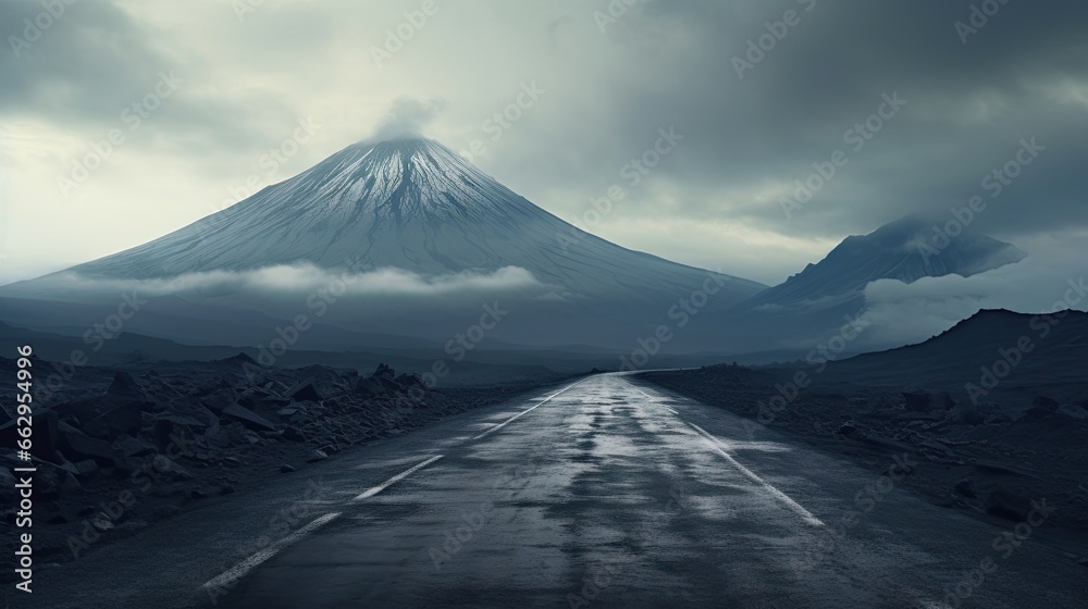  a long empty road with a mountain in the background and clouds in the sky.  generative ai