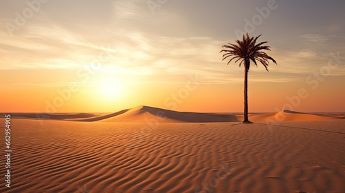  a palm tree in the middle of a desert at sunset. generative ai