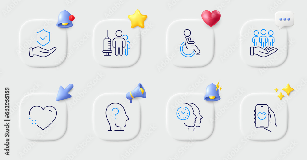 Time management, Disability and Insurance hand line icons. Buttons with 3d bell, chat speech, cursor. Pack of Dating app, Heart, Psychology icon. Medical vaccination, Best buyers pictogram. Vector Time management, Disability and Insurance hand line icons. Buttons with 3d bell, chat speech, cursor. Pack of Dating app, Heart, Psychology icon. Medical vaccination, Best buyers pictogram. Vector