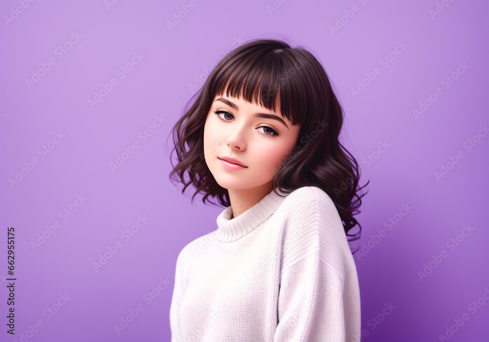 Portrait of a beautiful young woman in a white sweater on a purple background Portrait of a beautiful young woman in a white sweater on a purple background