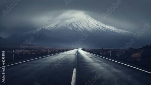  a long road with a mountain in the background at night. generative ai
