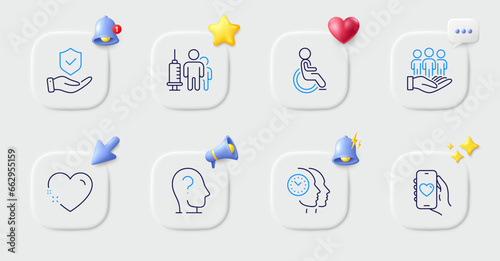 Time management, Disability and Insurance hand line icons. Buttons with 3d bell, chat speech, cursor. Pack of Dating app, Heart, Psychology icon. Medical vaccination, Best buyers pictogram. Vector