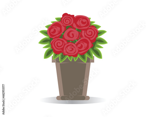 Fototapeta Naklejka Na Ścianę i Meble -  vector design of a black and gray flower pot with several red roses planted in it and also green leaves on the edge