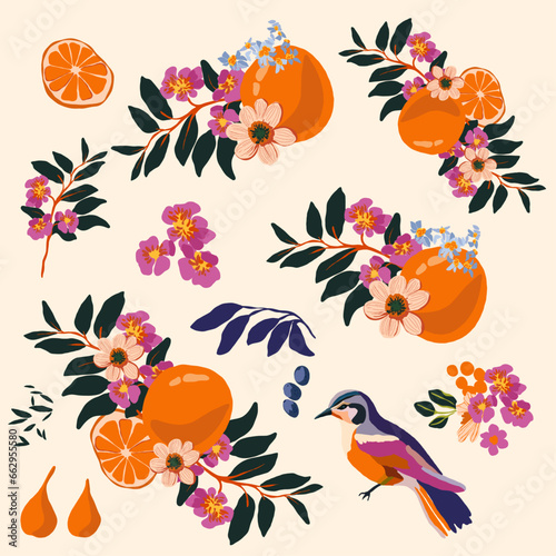 Vector Citrus Orange Branch Bouquet Italy White Flowers Peonies Roses Inflorescences Harvest Bird