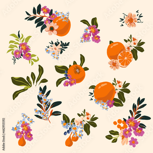 Vector Citrus Orange Branch Bouquet Italy White Flowers Peonies Roses Inflorescences Harvest Bird