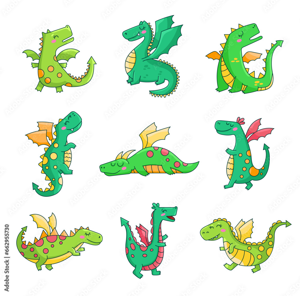 Obraz premium Happy funny green dragon. Cute character. Fairytale monsters. Hand drawn style. Vector drawing. Collection of design elements.