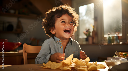 niño latino sonriente mientras come comida tipica mexicana  photo