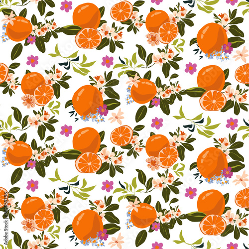 Vector Citrus Orange Branch Bouquet Italy Seamless Pattern White Flowers Peonies Roses Inflorescences Harvest Bird