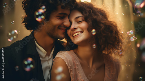 pareja de enamorados celebrando el dia de san valentin 14 de febrero abrazados con una sonrisa photo