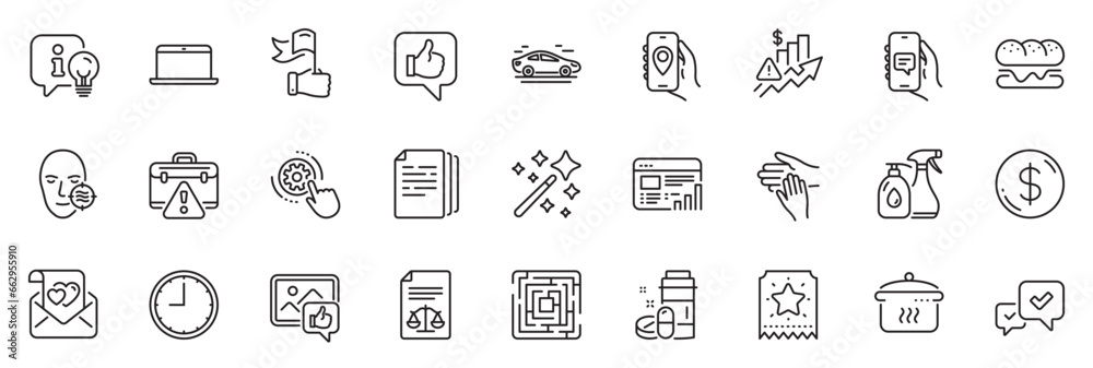 Icons pack as Cogwheel settings, Maze and Legal documents line icons for app include Laptop, Cleaning liquids, Like photo outline thin icon web set. Magic wand, Boiling pan, Car pictogram. Vector