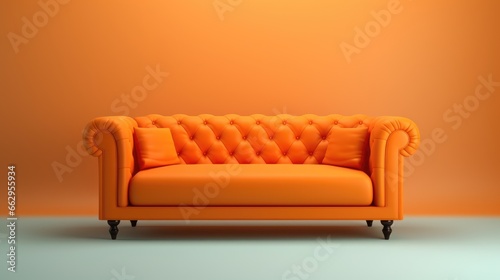 Modern orange sofa on legs on orange background. Flat lay front view. © brillianata