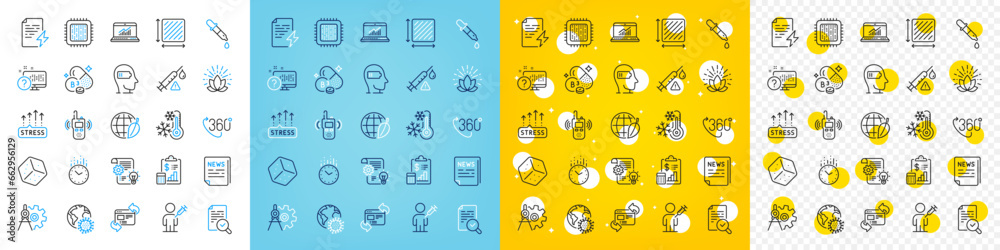 Vector icons set of Fake news, Vaccine attention and Lotus line icons pack for web with Square area, Weariness, Online quiz outline icon. Freezing, Dice, People vaccination pictogram. Vector