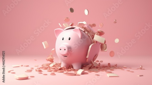 Broken piggy bank on pink background