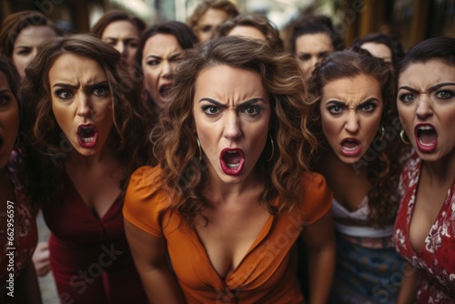 Group of furious angry women yelling looking at the camera 