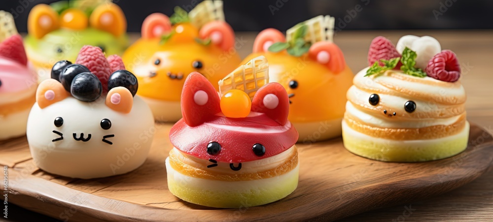 close up cute cupcake decorated with cream and chocolate, smile kawaii animal face, on cupcake, Generative Ai