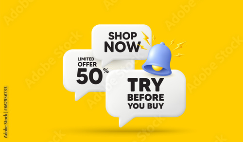 Try before you buy tag. 3d offer chat speech bubbles. Special offer price sign. Advertising discounts symbol. Try before you buy speech bubble 3d message. Talk box banner with bell. Vector