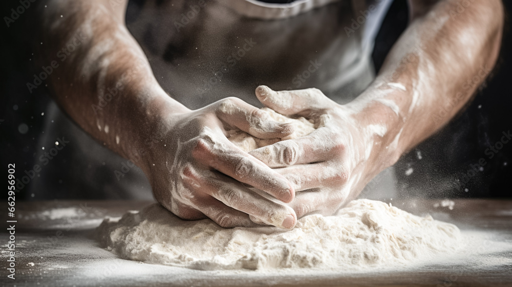 Hands of baker kneading dough isolated on black background. Hands of baker's male knead dough.
