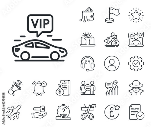 Very important person transport sign. Salaryman, gender equality and alert bell outline icons. Vip transfer line icon. Luxury taxi symbol. Vip transfer line sign. Vector