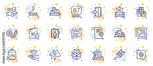 Outline set of Square area, Inventory and Cogwheel line icons for web app. Include Entrance, Diesel canister, Architectural plan pictogram icons. Packing boxes, Technical documentation. Vector