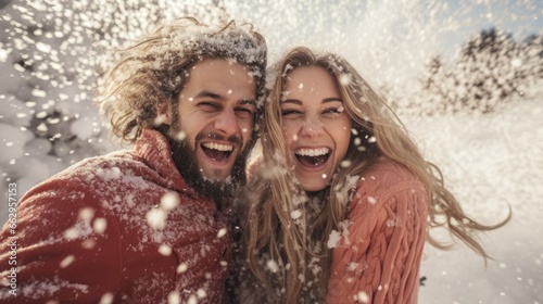 Happy couple have fun playing snow. Happy smiling portraits of lovers on a sunny winter day. AI