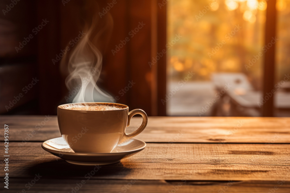 Coffee cup on wooden table in front of window at morning Coffee cup on wooden table in front of window at morning