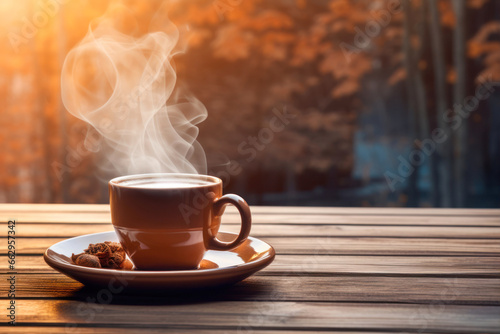 Coffee cup on wooden table in front of nature background.