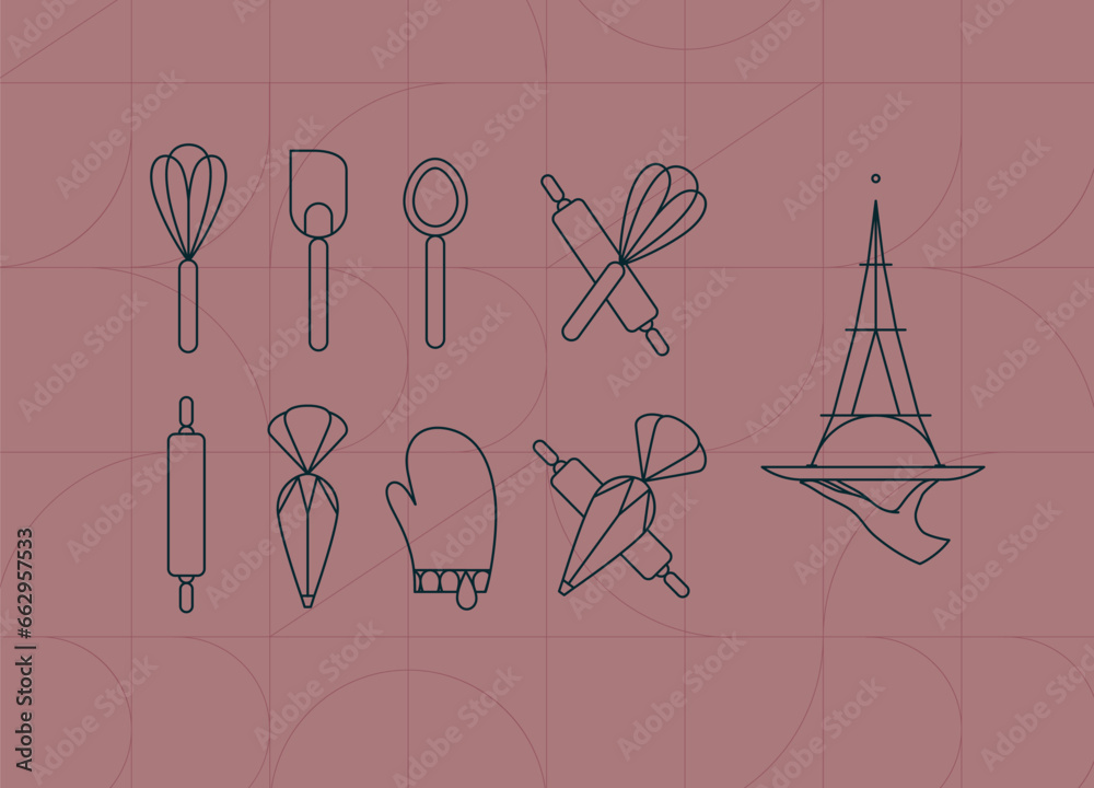 Kitchen utensils in art deco style to prepare bakery products whisk, spatula, measuring spoon, rolling pin, pastry bag, potholder, dish drawing on coral background