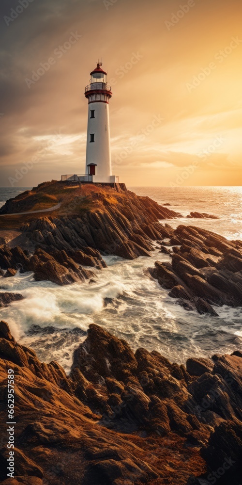 Guiding Light: A Majestic White Lighthouse Stands Proudly at the Edge of a Rugged Coastline, Illuminating the Way for Seafarers Amidst Nature's Unyielding Beauty