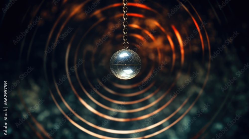 Pendulum used for hypnotism and readings swinging on a blurred background. AI - obrazy, fototapety, plakaty 