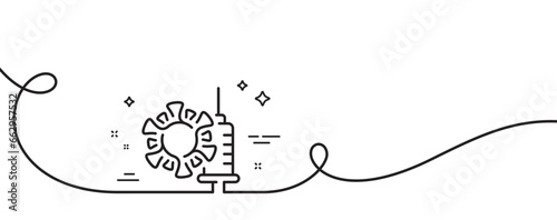 Coronavirus vaccine line icon. Continuous one line with curl. Covid virus sign. Infection protect symbol. Coronavirus vaccine single outline ribbon. Loop curve pattern. Vector