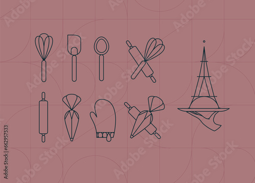 Obraz na płótnie Kitchen utensils in art deco style to prepare bakery products whisk, spatula, measuring spoon, rolling pin, pastry bag, potholder, dish drawing on coral background w salonie