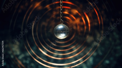 Pendulum used for hypnotism and readings swinging on a blurred background. AI photo