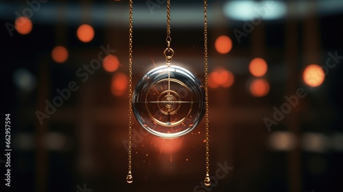 Pendulum used for hypnotism and readings swinging on a blurred background. AI photo