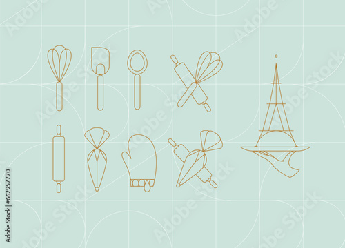 Obraz na płótnie Kitchen utensils in art deco style to prepare bakery products whisk, spatula, measuring spoon, rolling pin, pastry bag, potholder, dish drawing on turquoise background w salonie