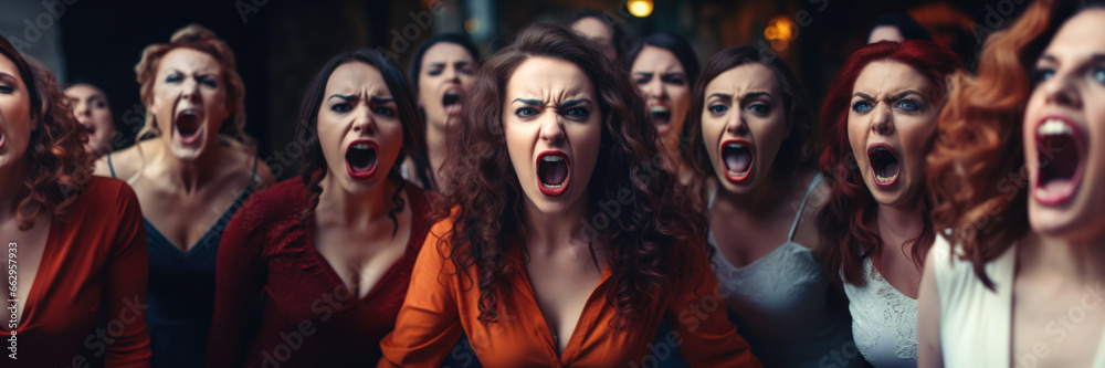 Group of furious angry women yelling looking at the camera  - obrazy, fototapety, plakaty 