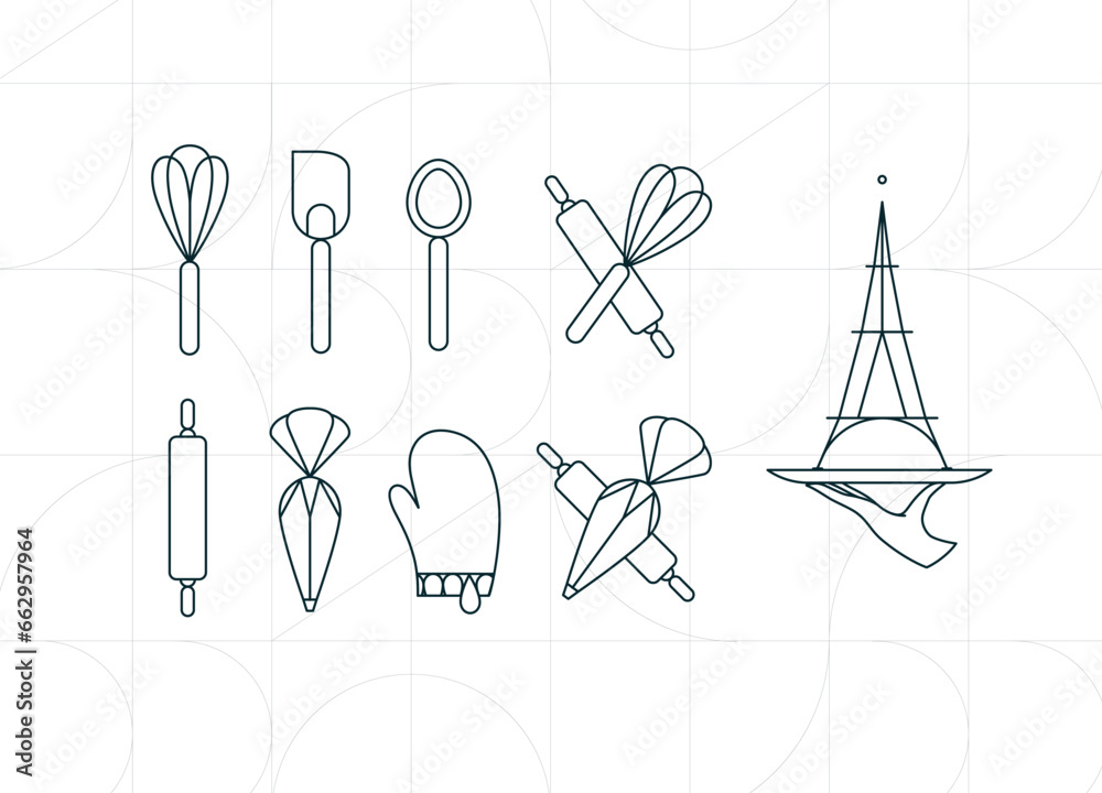 Kitchen utensils in art deco style to prepare bakery products whisk, spatula, measuring spoon, rolling pin, pastry bag, potholder, dish drawing on white background