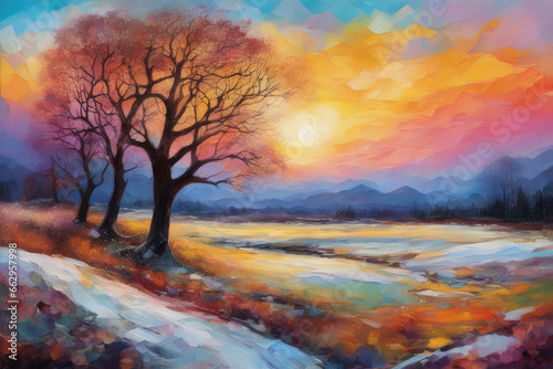 Painted winter landscape with a sunset. Bright colors. Generative AI