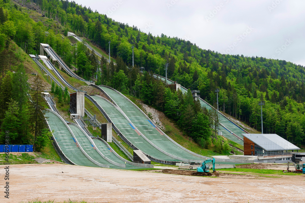 Planica Ski jumping hills in the summer. The Planica Nordic Centre. Julian Alps. Slovenia. Europe. Planica Ski jumping hills in the summer. The Planica Nordic Centre. Julian Alps. Slovenia. Europe.