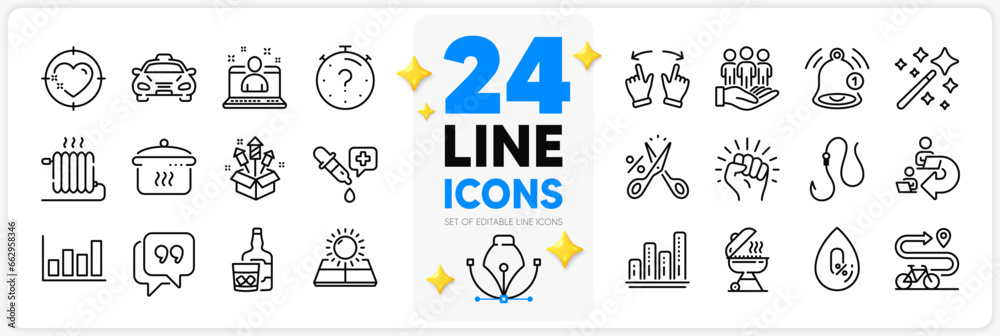 Icons set of Whiskey glass, Quote bubble and Reminder line icons pack for app with Grill, Cut tax, Graph chart thin outline icon. Sun energy, Delegate work, Best manager pictogram. Taxi. Vector