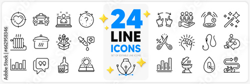 Icons set of Whiskey glass, Quote bubble and Reminder line icons pack for app with Grill, Cut tax, Graph chart thin outline icon. Sun energy, Delegate work, Best manager pictogram. Taxi. Vector
