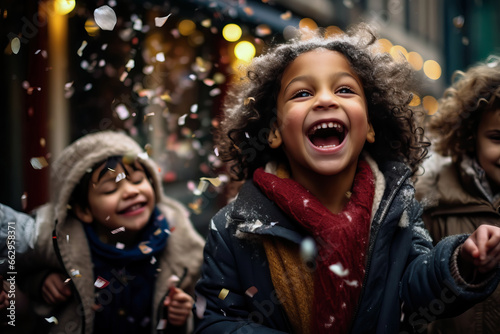 Small happy child having fun in the street on winter holidays