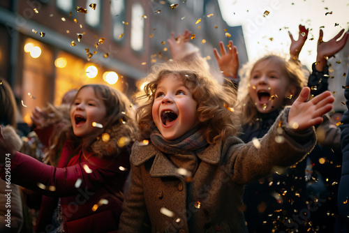 Small happy children having fun together in the street on winter holidays