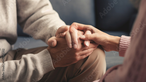 cropped view of woman holding hands of husband and wife on table © Vahagn