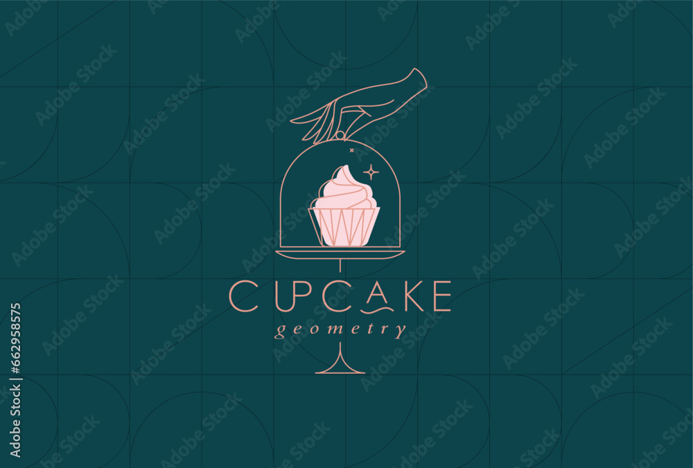 Cake stand with cupcake in art deco style holding by hand drawing on dark turquoise background