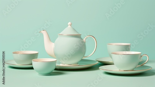 Elegant Pastel Teapot and Cups Set on Soft Blue Background