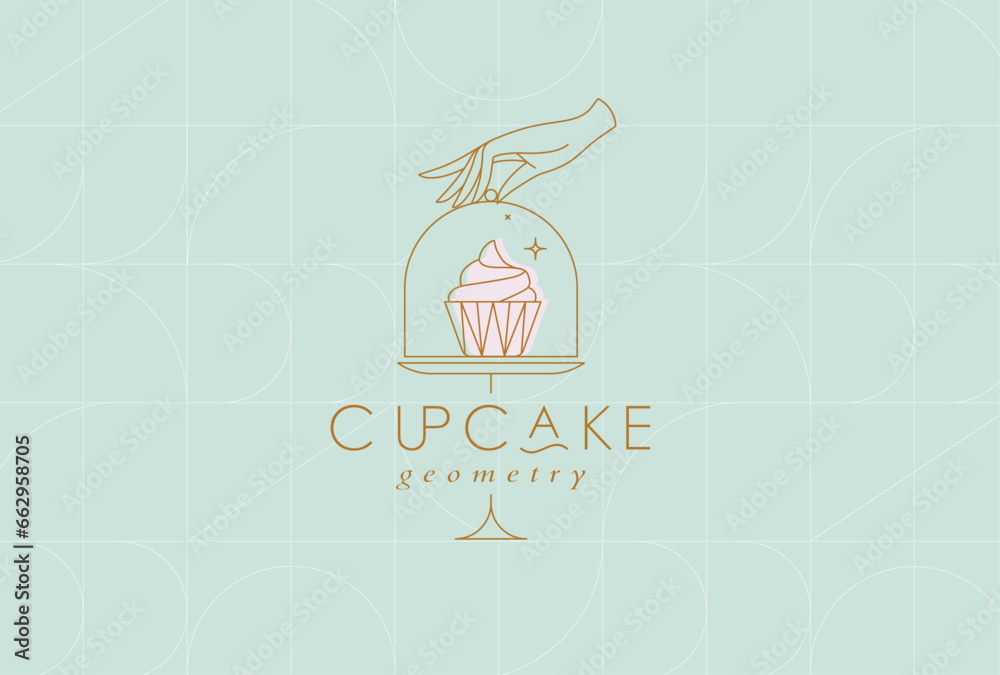 Cake stand with cupcake in art deco style holding by hand drawing on turquoise background