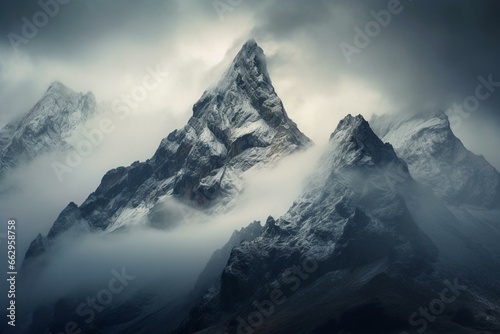 majestic peak obscured by mist. Generative AI