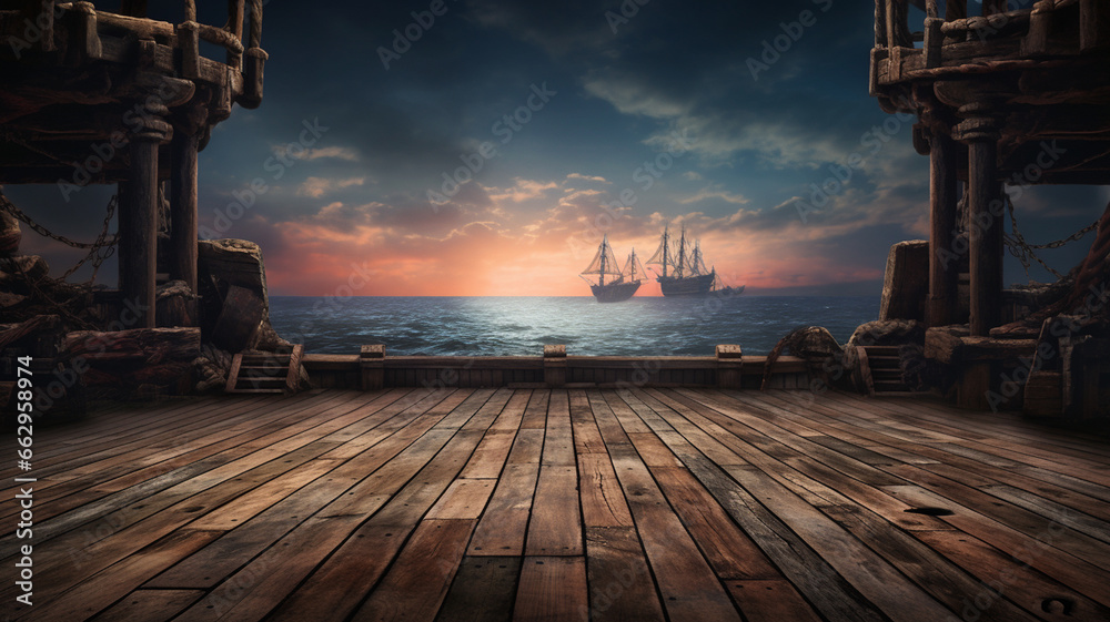 3 d rendering of a wooden ship in the night - obrazy, fototapety, plakaty 