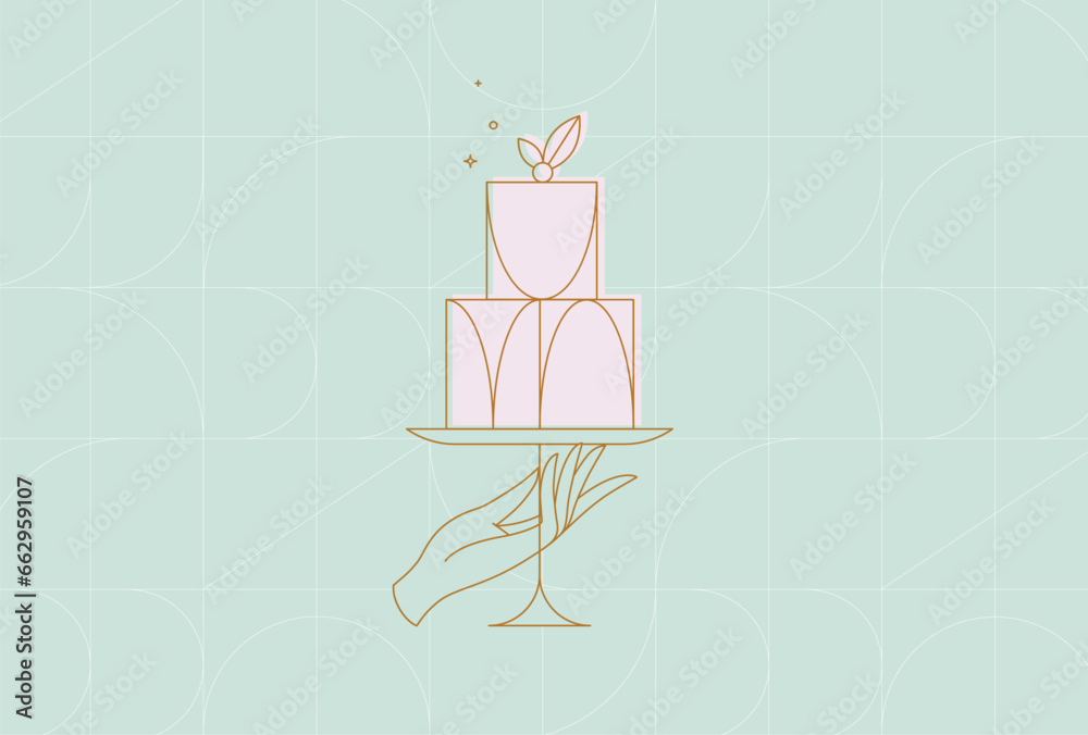 Cake stand with dessert in art deco style holding by hand drawing on turquoise background