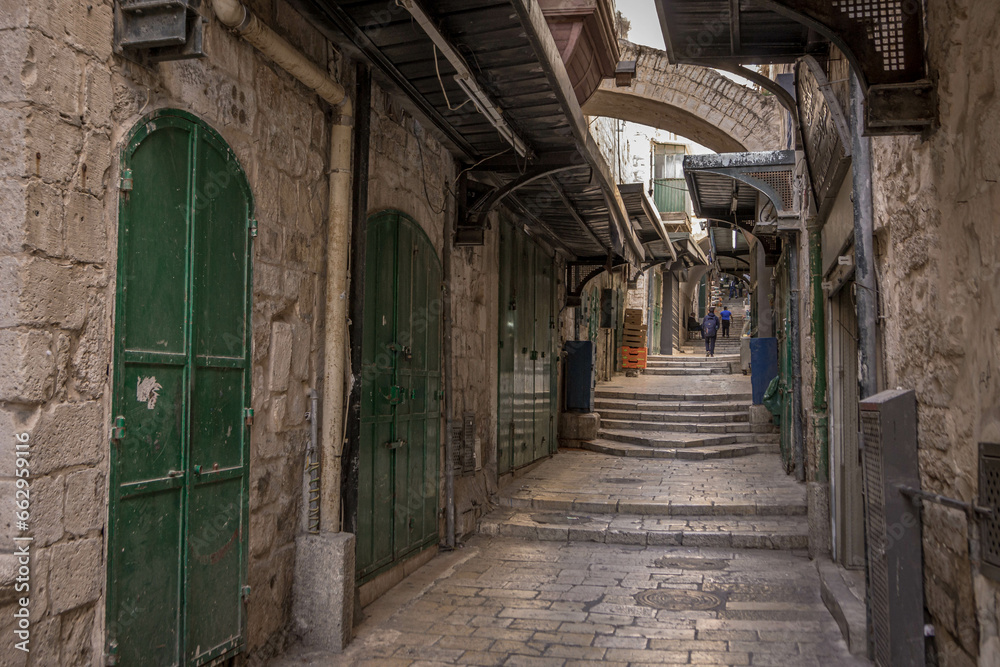 The empty streets and the stone stairs of the historic old city of Jerusalem  in Israel.
